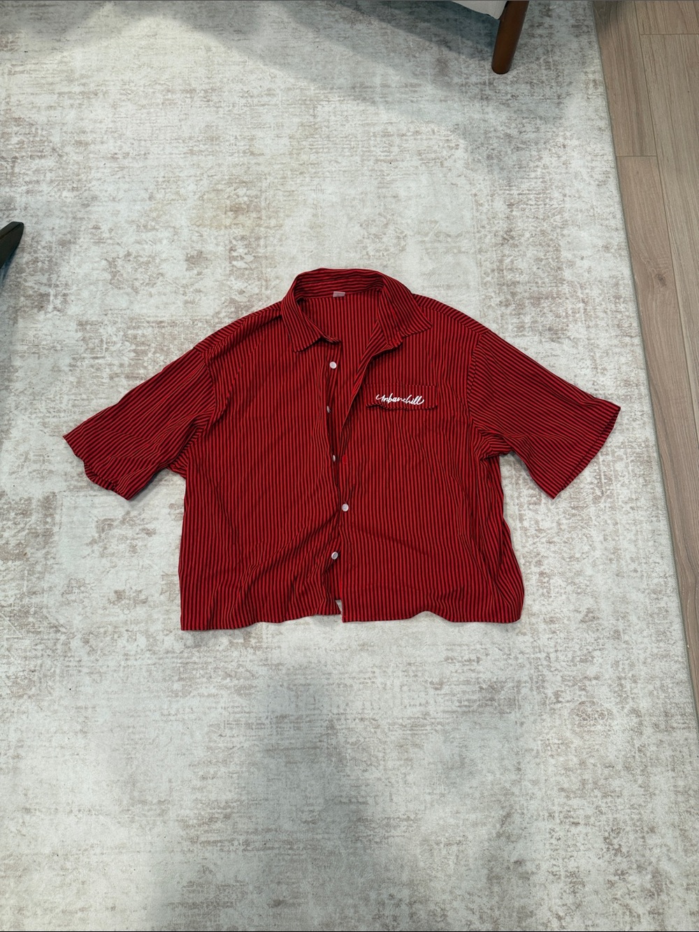 Men's Red Striped Short-Sleeve Button-Down Shirt (cropped)